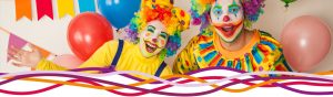 Two smiling clowns at a clown themed birthday party at the John Godber Centre