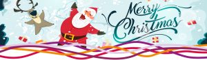 Cartoon Santa and Reindeer in a winter scene