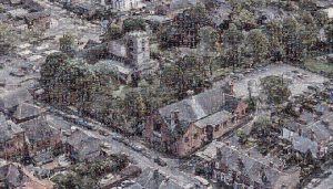 Aerial view of the John Godber Centre and St Mary Magdalene church, Hucknall, made of smaller user images