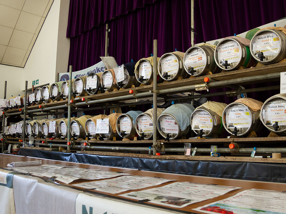 Real ale barrels of beer at the Hucknall Beer Festival 2019
