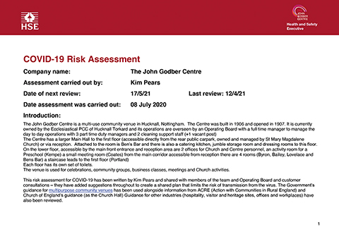 John Godber Centre Covid-19 Risk Assessment 14th April 2021