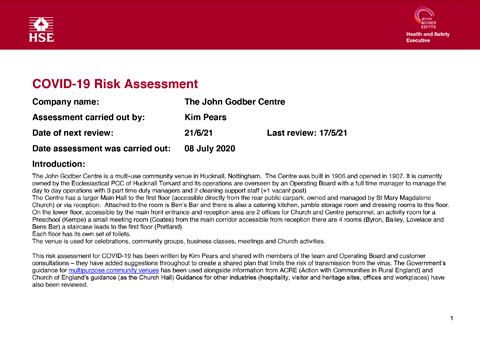 John Godber Centre Covid-19 Risk Assessment 12th April 2021