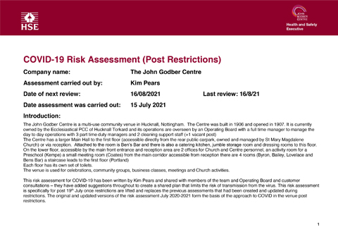 John Godber Centre Covid-19 Risk Assessment 15th July 2021