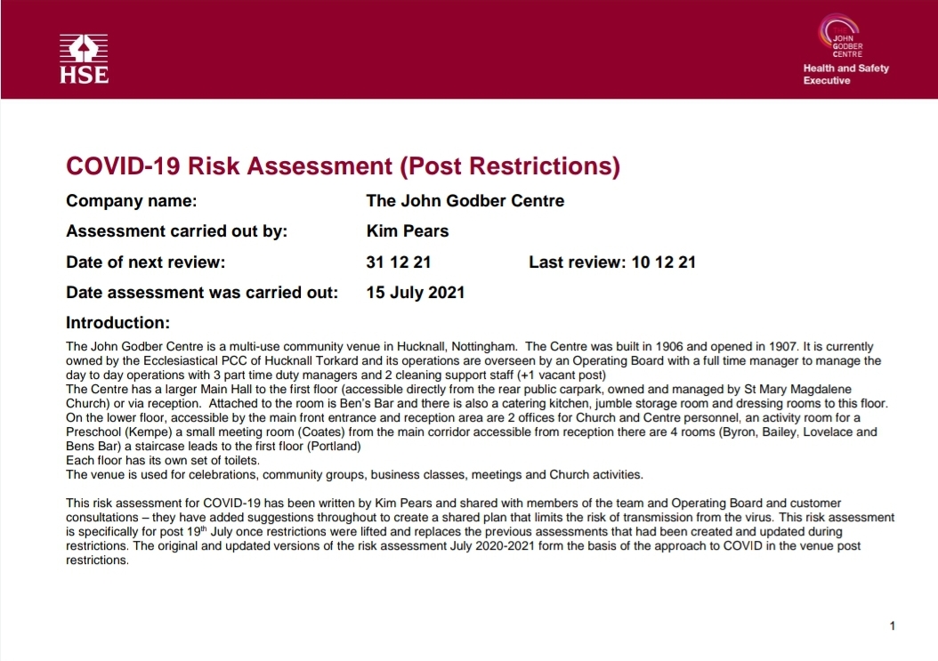 John Godber Centre Covid-19 Risk Assessment 15th July 2021
