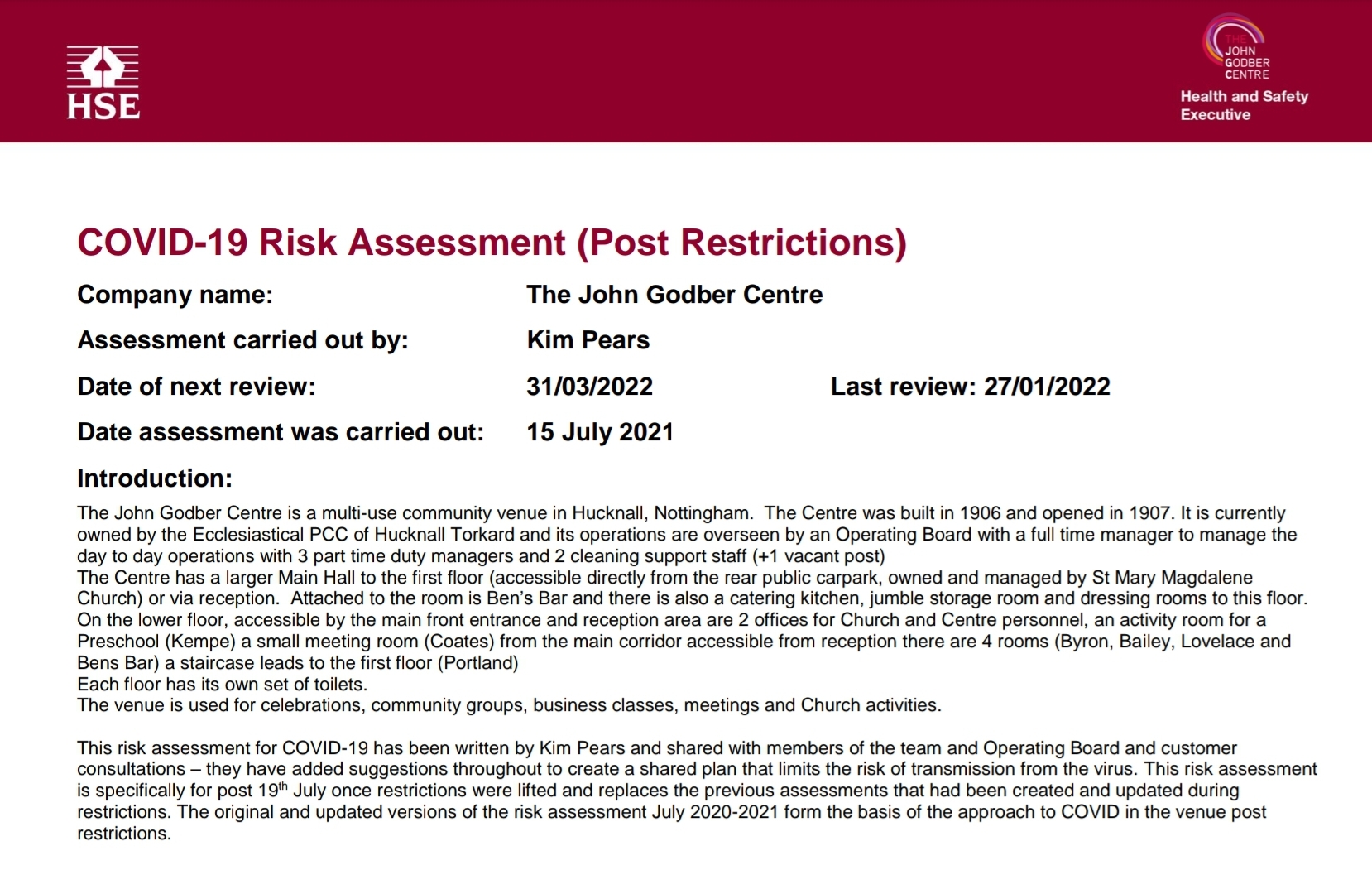 John Godber Centre Covid-19 Risk Assessment 19th July 2021