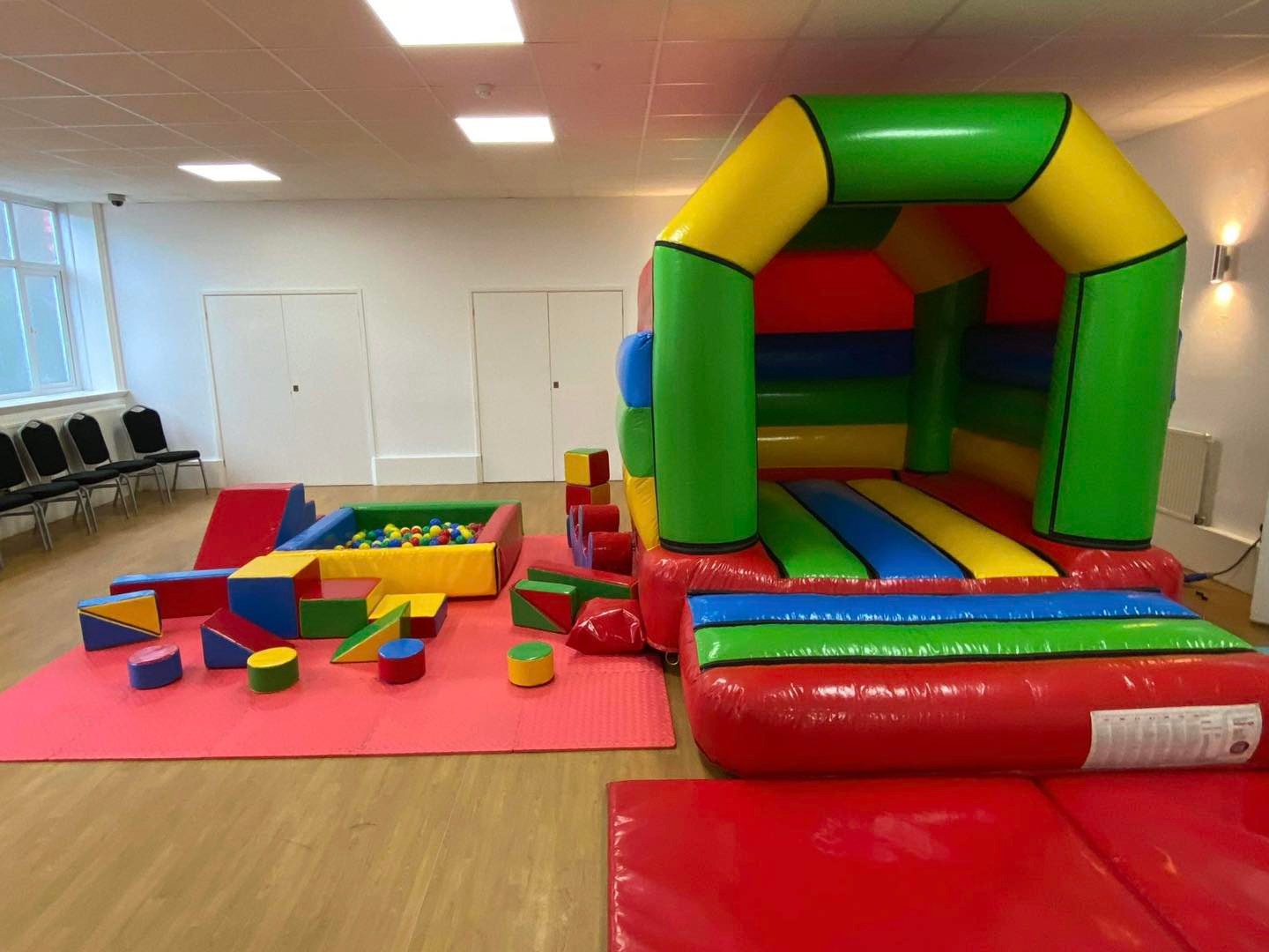 Bouncy castles in the Portland main hall room