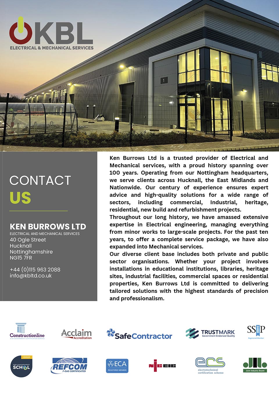 Ken Burrows Hucknall sponsor ad