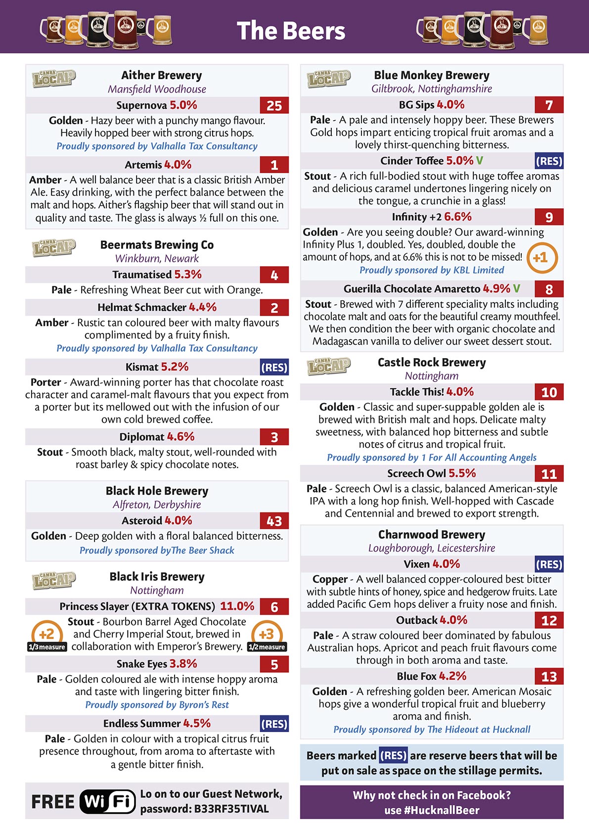 Hucknall Beer festival beer list 1