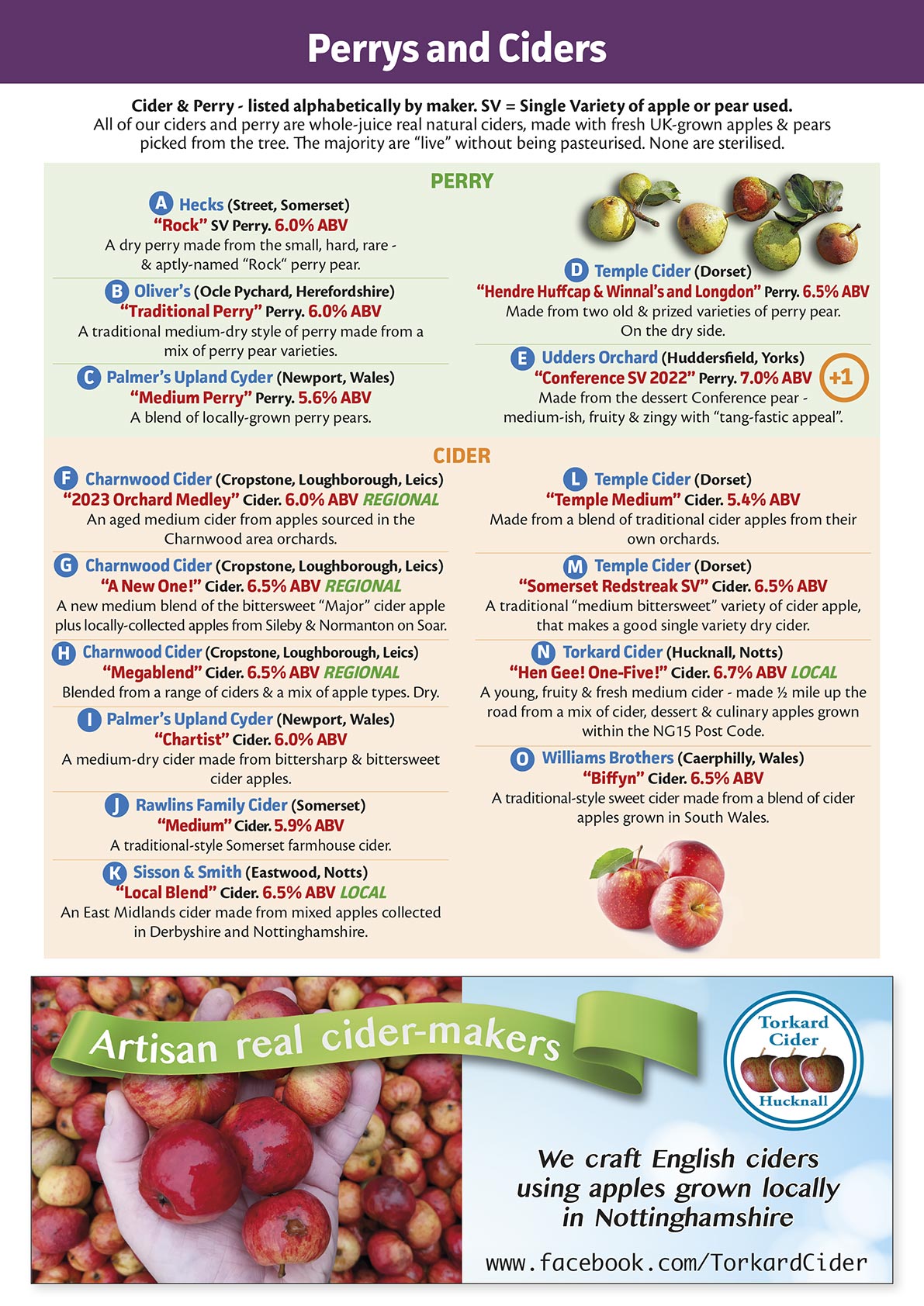 Hucknall Beer Festival perry and cider list
